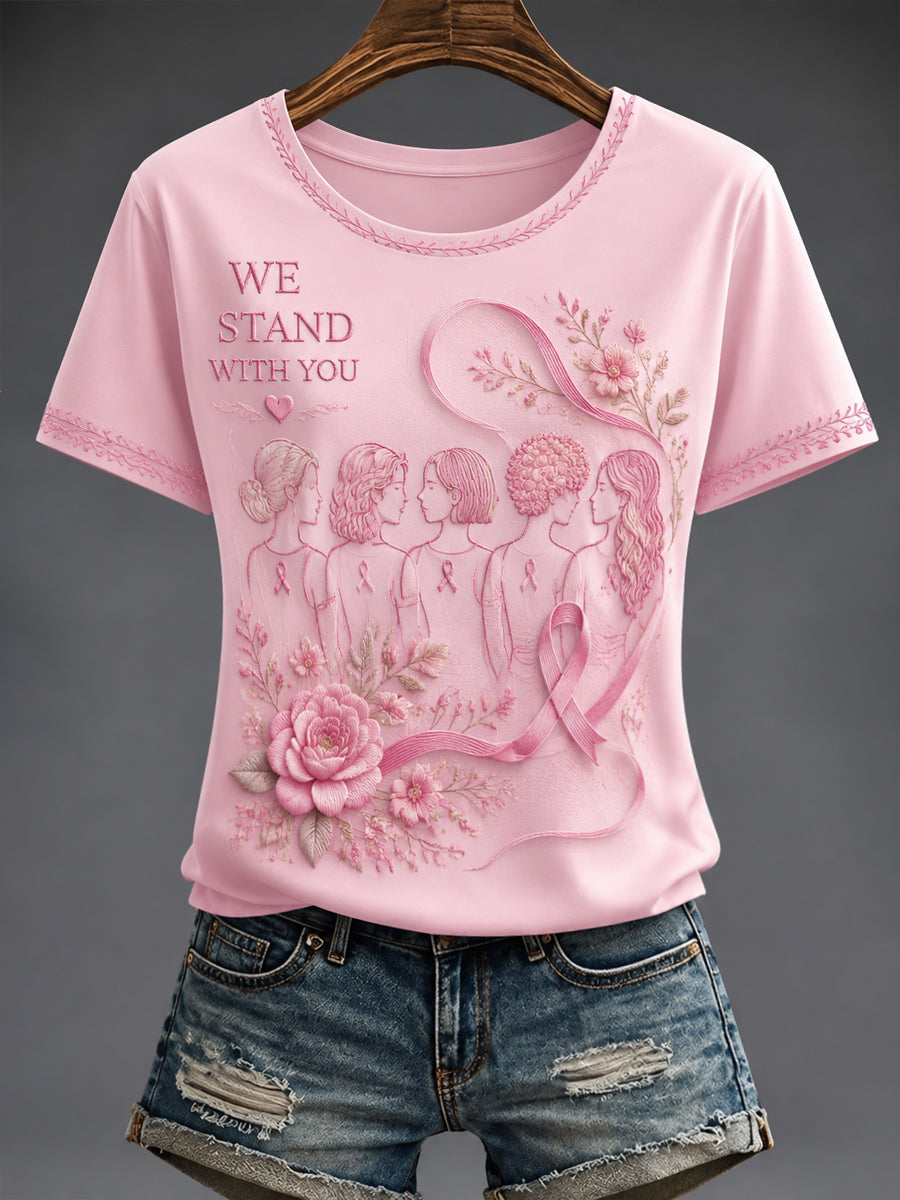 Women's Breast Cancer Pink Flowers Printed T-shirt