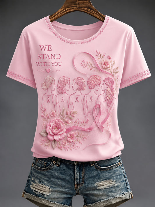Women's Breast Cancer Pink Flowers Printed T-shirt