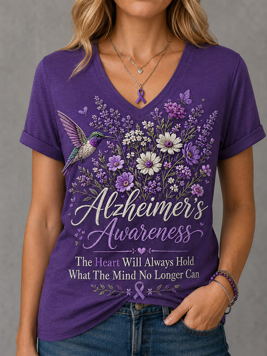 Women's The Heart Will Always Hold What The Mind No Longer Can Floral Print Alzheimer's Awareness Support V-Neck Tee