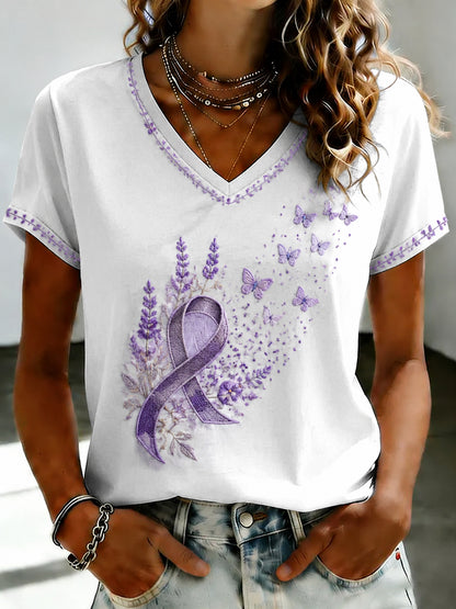 Women's Purple Flora Art Printed V-neck T-shirt
