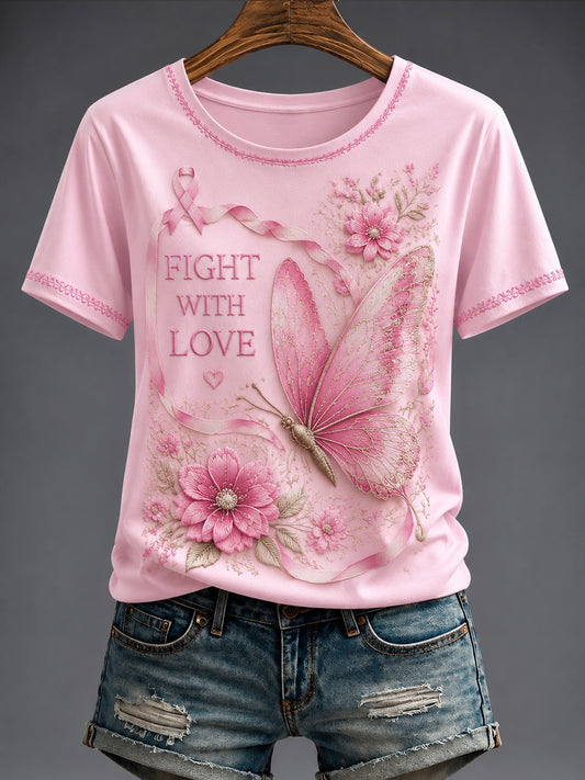 Women's Breast Cancer Pink Flowers Printed T-shirt