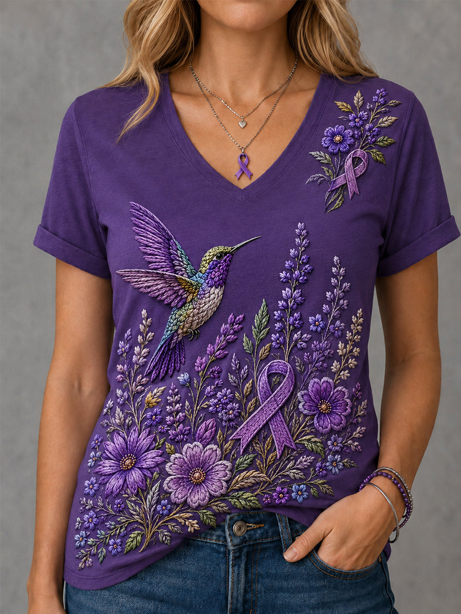 Women's Purple Floral & Hummingbird Print Alzheimer's Awareness Support V-Neck Tee