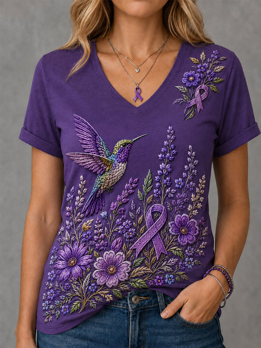 Women's Purple Floral & Hummingbird Print Alzheimer's Awareness Support V-Neck Tee