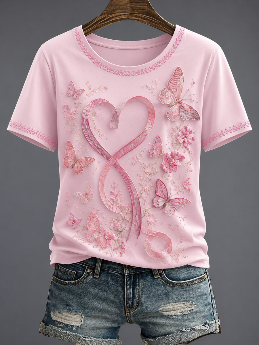 Women's Breast Cancer Pink Flowers Printed T-shirt