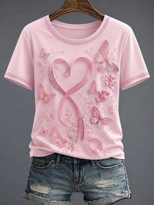 Women's Breast Cancer Pink Flowers Printed T-shirt