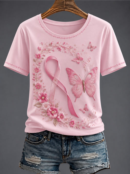 Women's Breast Cancer Pink Flowers Printed T-shirt
