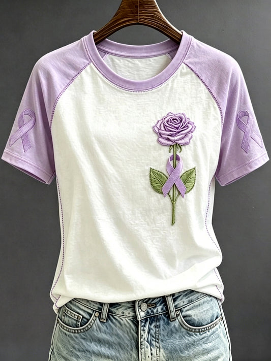 Women's Purple Ribbon Rose Print Contrast Sleeve Round Neck T-shirt