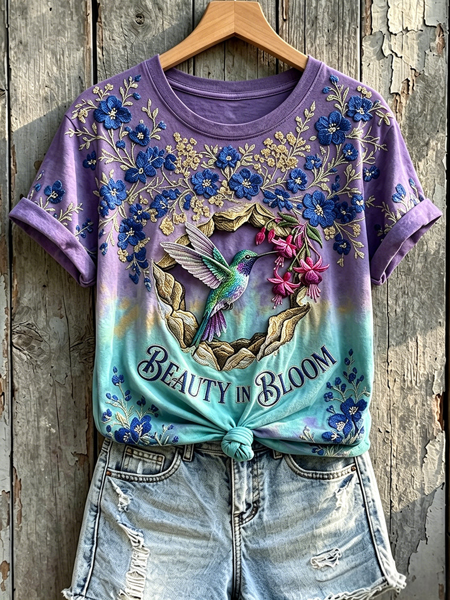Women's Beauty In Bloom Hummingbird Floral Print Short-sleeved T-shirt