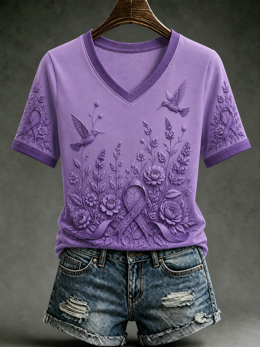 Women's Alzheimer's Awareness Dementia Support Purple Ribbon Purple Floral & Hummingbird  Art  Tee