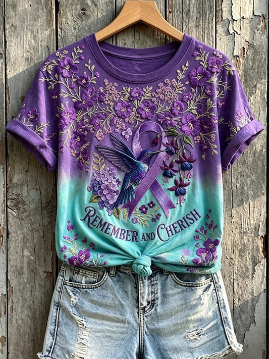 Women's Remember And Cherish Purple Ribbon Hummingbird Print Short-sleeved T-shirt