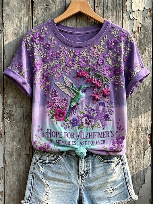 Women's Memories Last Forever Purple Ribbon Hummingbird Print Short-sleeved T-shirt
