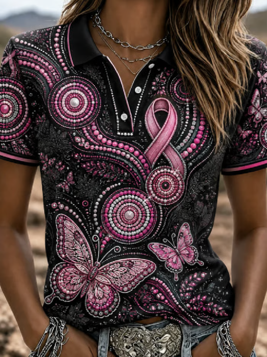 Women's Breast Cancer Awareness Print polo T-shirt