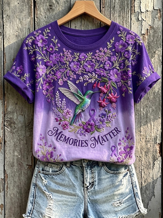 Women's Memories Matter Purple Ribbon Hummingbird Print Short-sleeved T-shirt