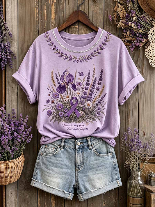 Women's Fashion Purple Floral Pattern Printed T-Shirt