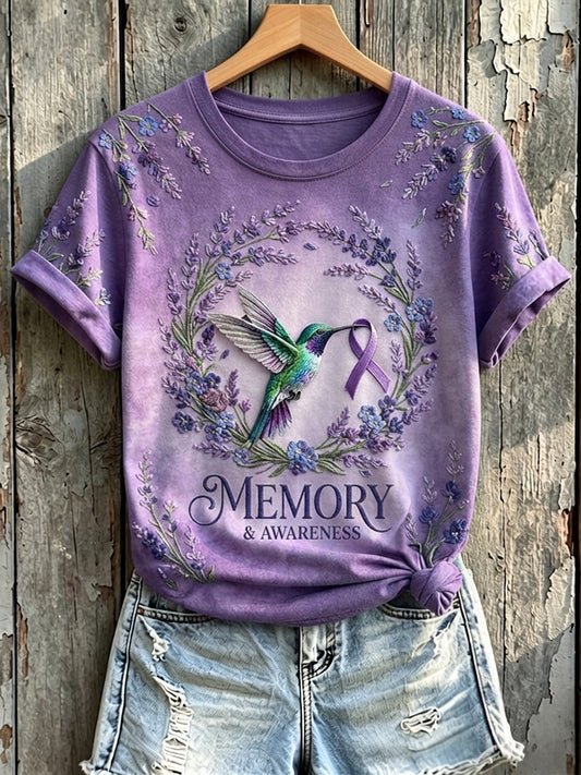 Women's Memory & Awareness Purple Ribbon Hummingbird Print Short-sleeved T-shirt