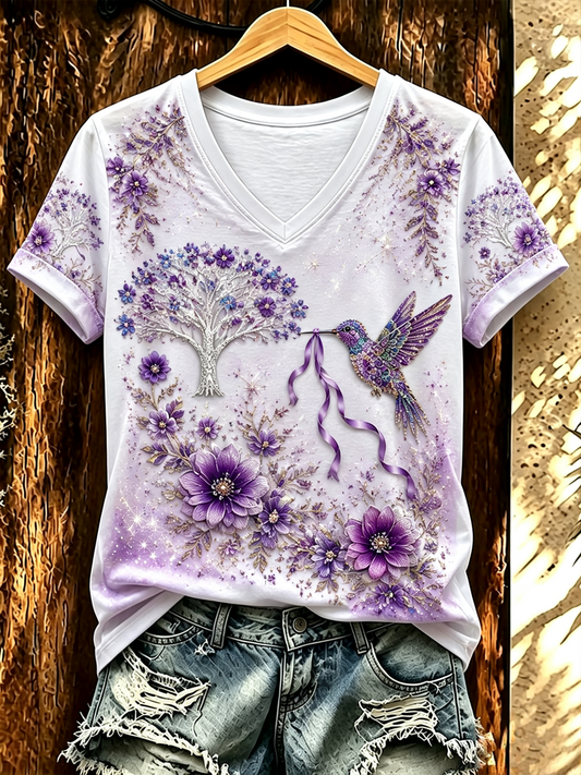 Women's Hummingbird and floral print short-sleeved T-shirt