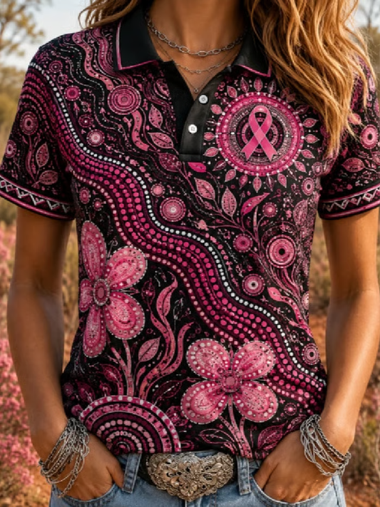 Women's Breast Cancer Awareness Print polo T-shirt