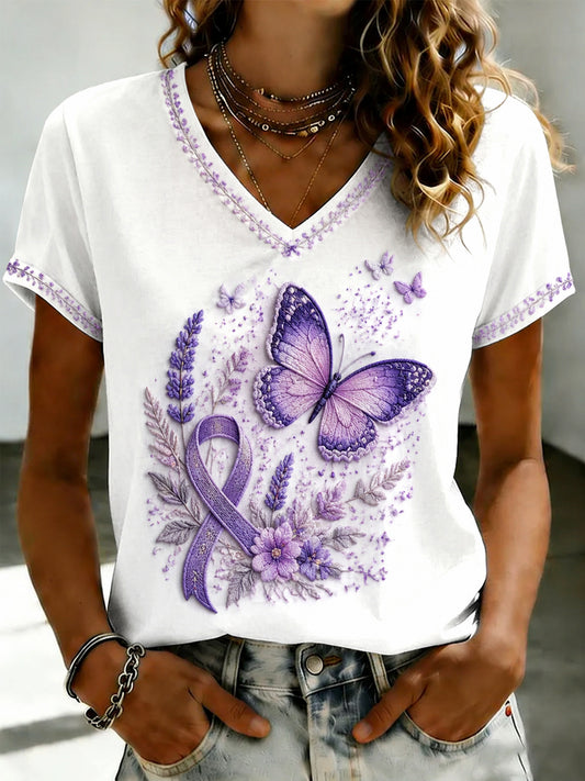 Women's Purple Flora Art Printed V-neck T-shirt
