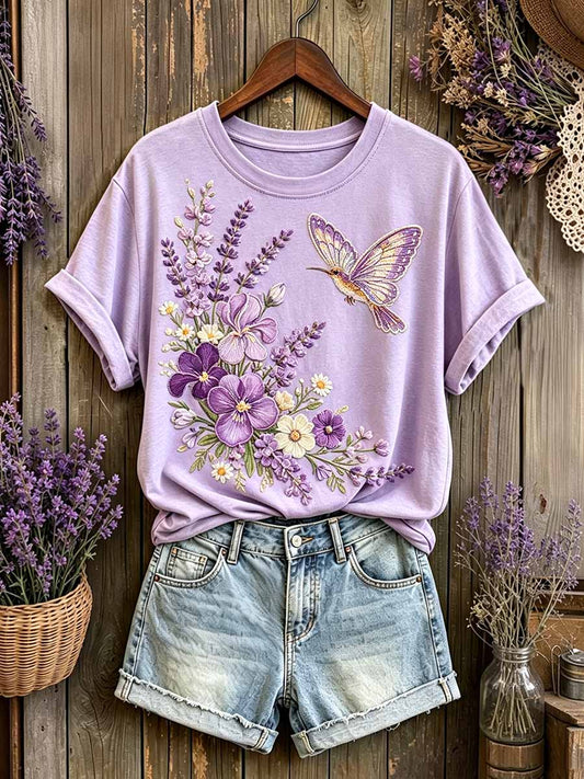Women's Fashion Purple Floral Pattern Printed T-Shirt