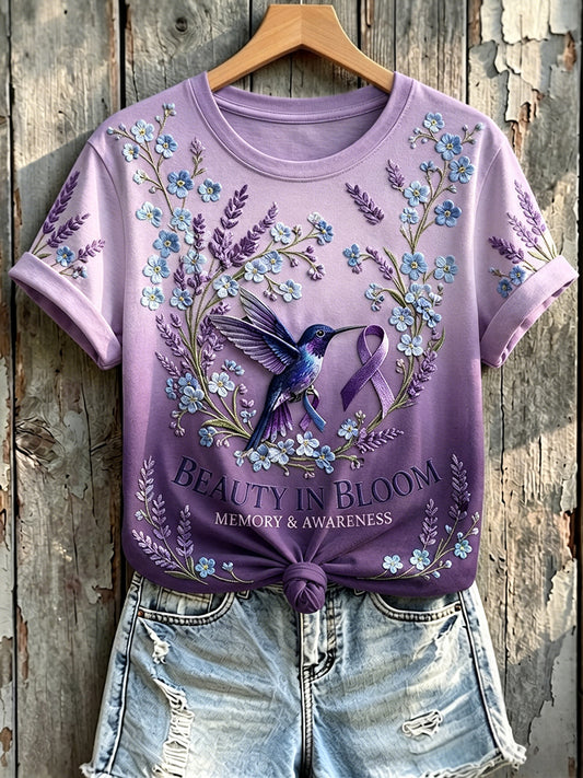 Women's Memory & Awareness Purple Ribbon Hummingbird Print Short-sleeved T-shirt
