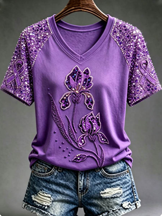 Women's Purple Floral & Hummingbird Print Alzheimer's Awareness Support V-Neck Tee