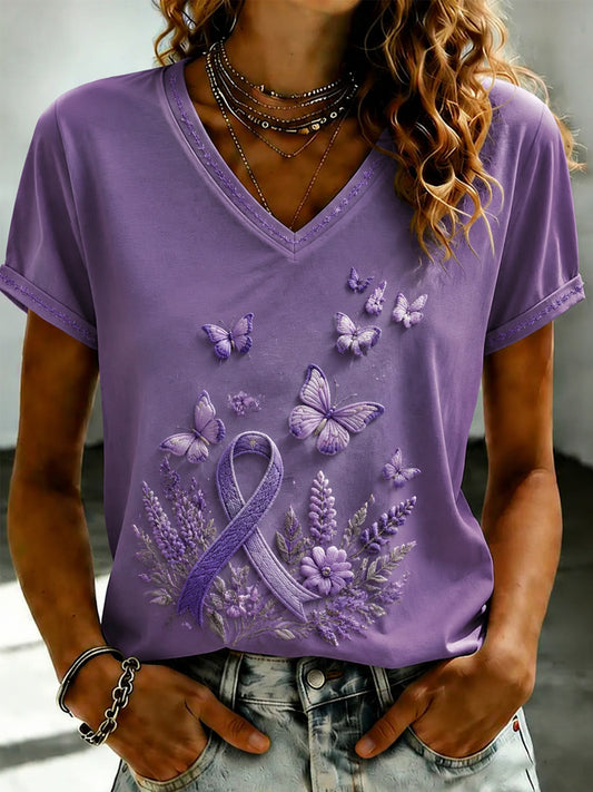 Women's Purple Flora Art Printed V-neck T-shirt