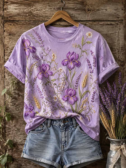 Women's Fashion Purple Floral Pattern Printed T-Shirt