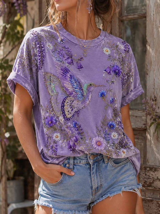 Women's Fashion Purple Floral Pattern Printed T-Shirt