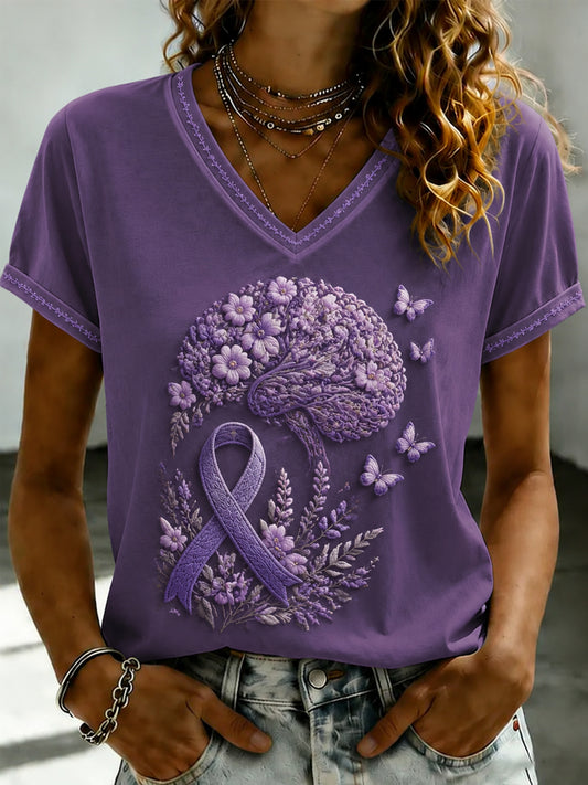Women's Purple Flora Art Printed V-neck T-shirt