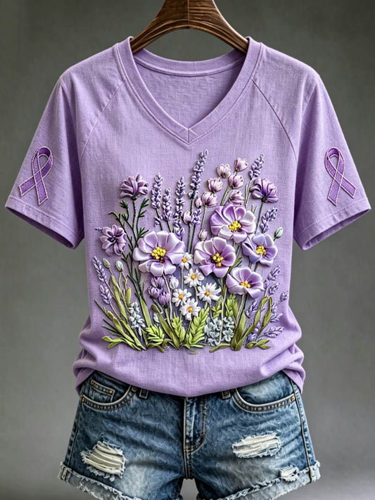 Women's Purple Floral & Hummingbird Print Alzheimer's Awareness Support V-Neck Tee