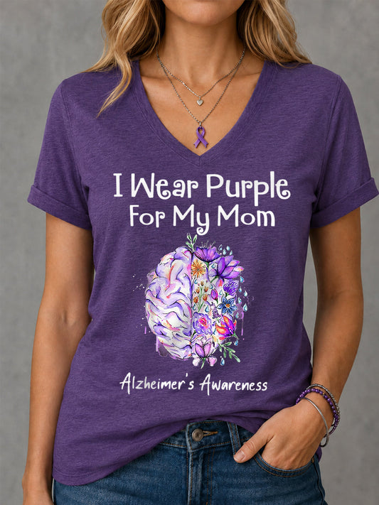 Women's I Wear Purple For My Mom Floral Print Alzheimer's Awareness Support V-Neck Tee