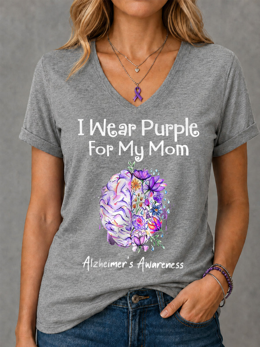 Women's I Wear Purple For My Mom Floral Print Alzheimer's Awareness Support V-Neck Tee