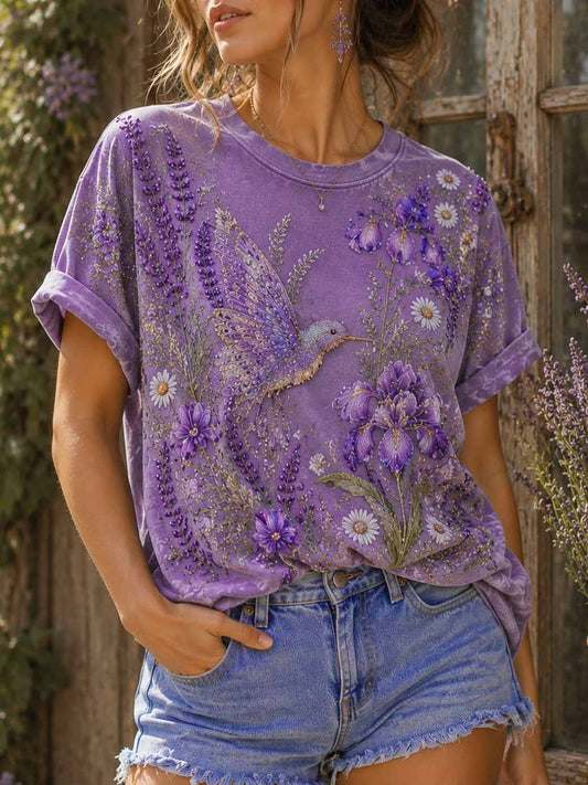 Women's Fashion Purple Floral Pattern Printed T-Shirt