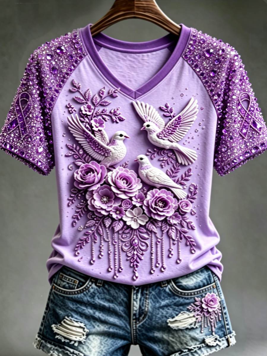 Women's Purple Floral & Hummingbird Print Alzheimer's Awareness Support V-Neck Tee