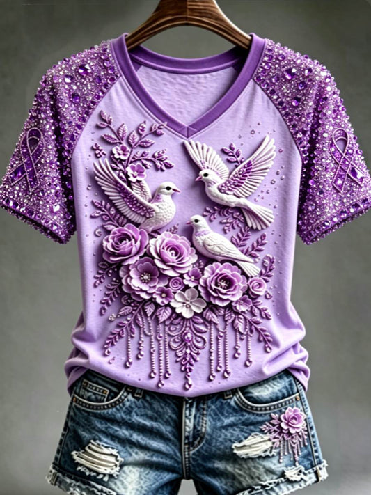 Women's Purple Floral & Hummingbird Print Alzheimer's Awareness Support V-Neck Tee