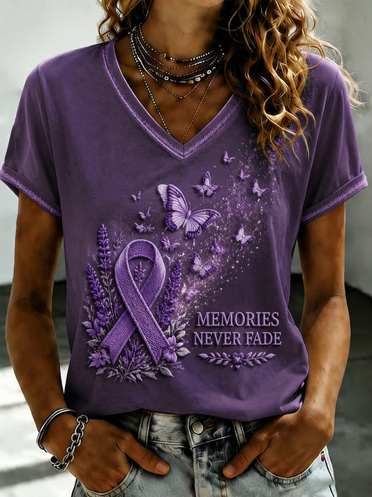 Women's Purple Flora Art Printed V-neck T-shirt