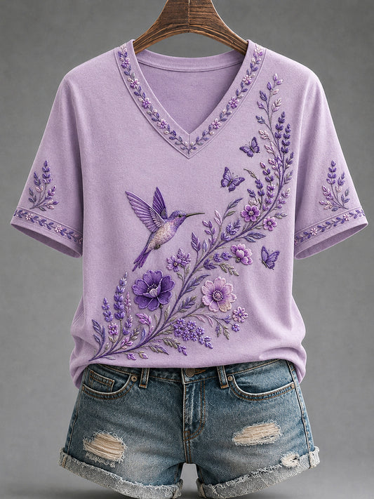 Women's Purple Floral & Hummingbird Print Alzheimer's Awareness Support V-Neck Tee