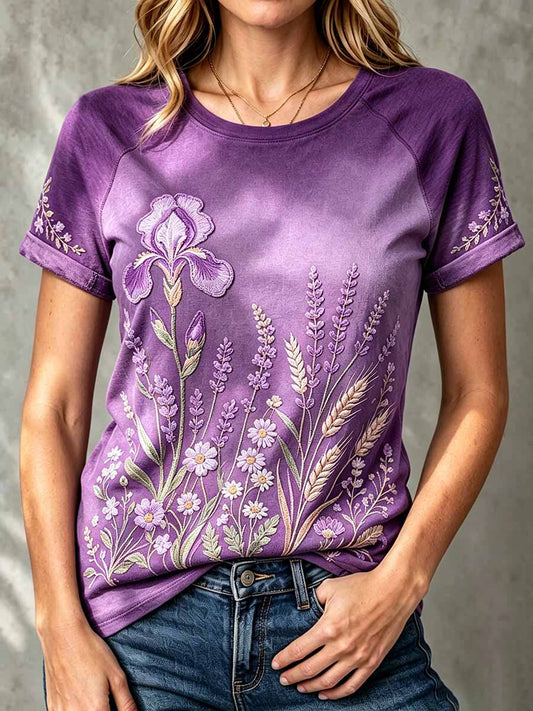Women's Fashion Purple Floral Pattern Printed T-Shirt
