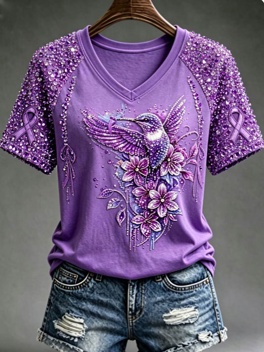 Women's Purple Floral & Hummingbird Print Alzheimer's Awareness Support V-Neck Tee