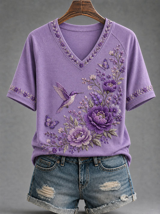 Women's Purple Floral & Hummingbird Print Alzheimer's Awareness Support V-Neck Tee