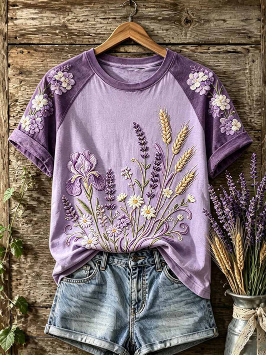 Women's Fashion Purple Floral Pattern Printed T-Shirt