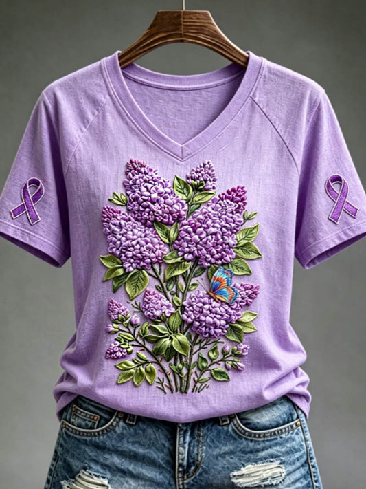 Women's Purple Floral & Hummingbird Print Alzheimer's Awareness Support V-Neck Tee