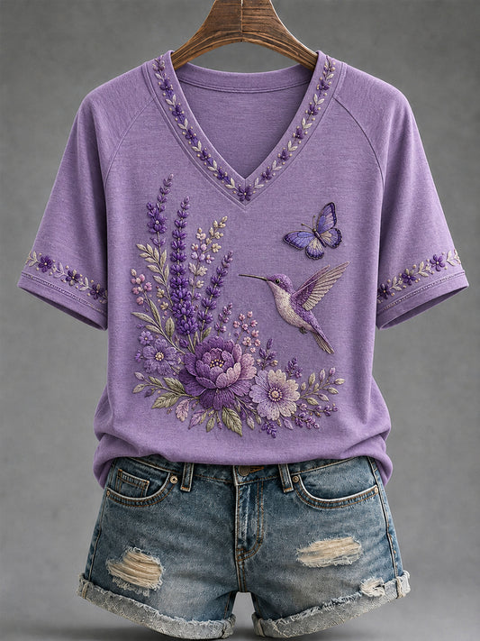 Women's Purple Floral & Hummingbird Print Alzheimer's Awareness Support V-Neck Tee