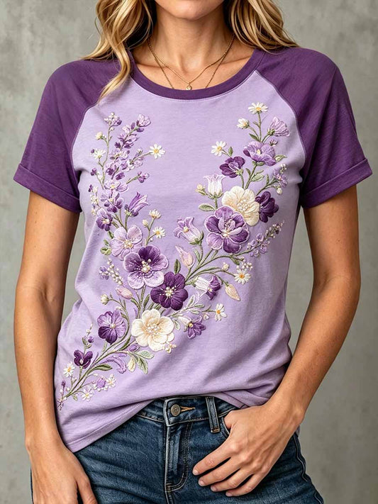 Women's Fashion Purple Floral Pattern Printed T-Shirt