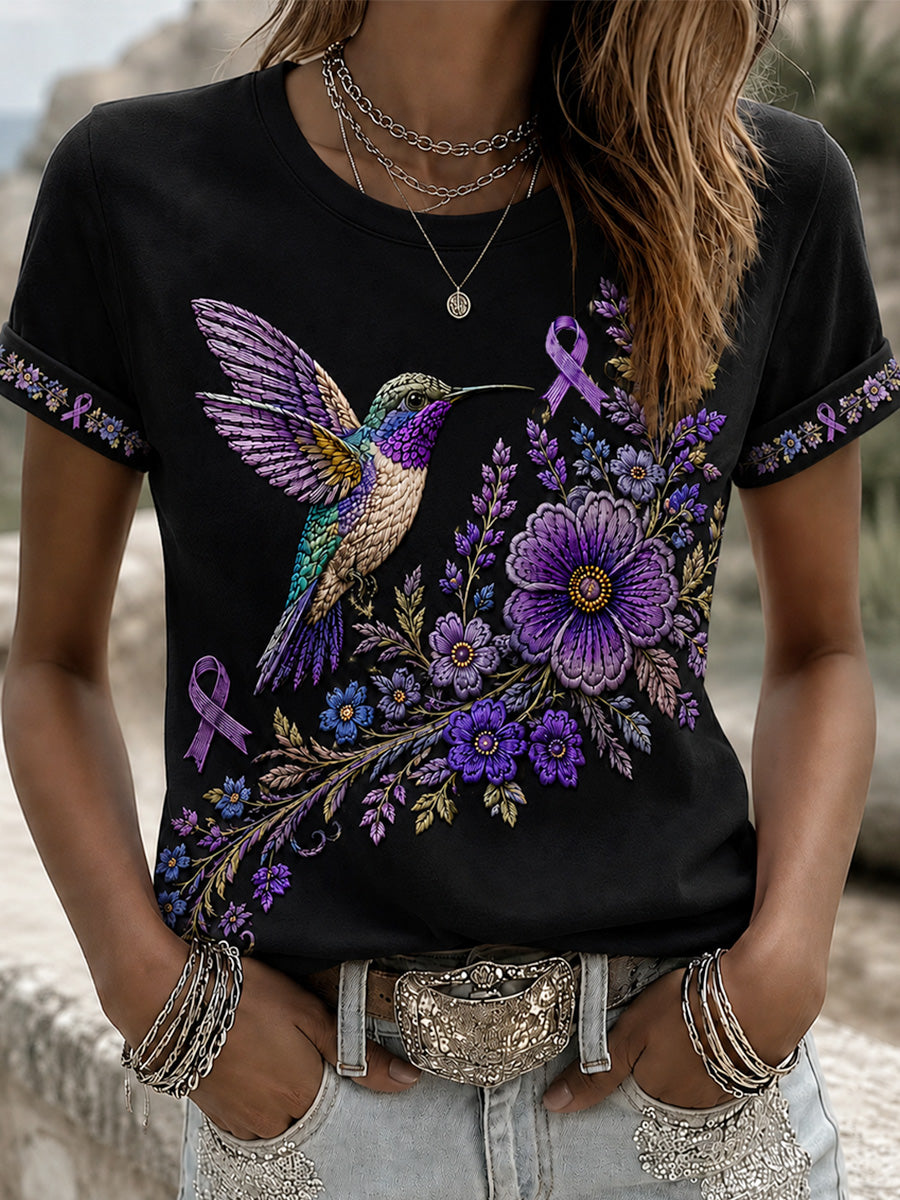 Women's Purple Floral & Hummingbird Print Alzheimer's Awareness Support Tee