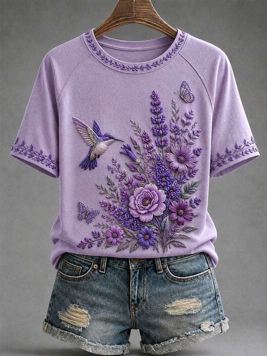 Women's Purple Floral & Hummingbird Print Alzheimer's Awareness Support Tee