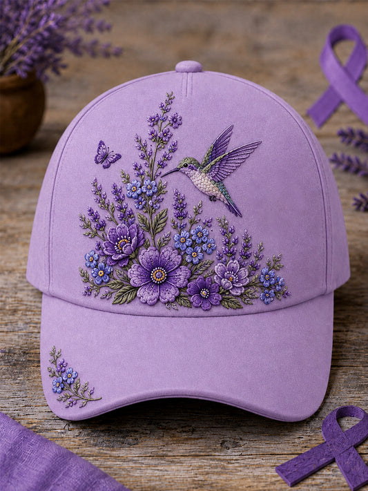 Unisex Purple Floral & Hummingbird Print Alzheimer's Awareness Support Hat