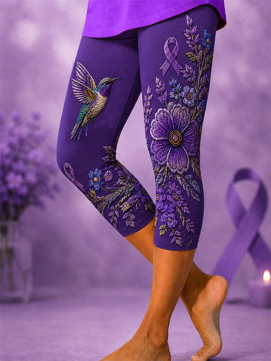 Women's Purple Floral & Hummingbird Print Alzheimer's Awareness Support Cropped Leggings