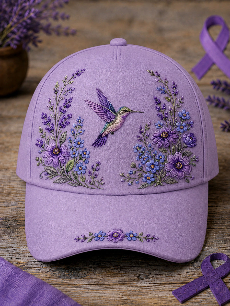 Unisex Purple Floral & Hummingbird Print Alzheimer's Awareness Support Hat
