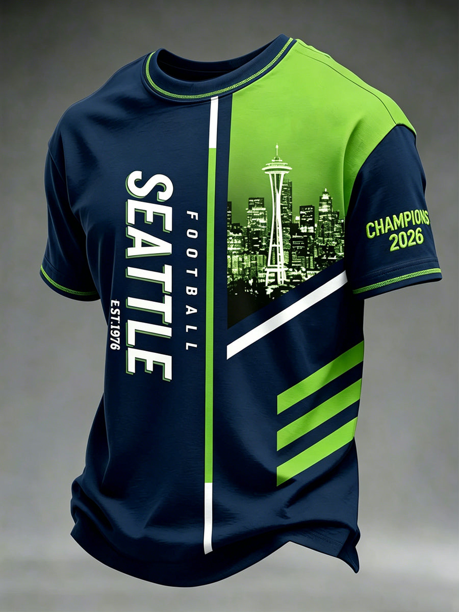 Men's Rugby Seattle Printed Vintage Fashion Loose Short Sleeve T-Shirt
